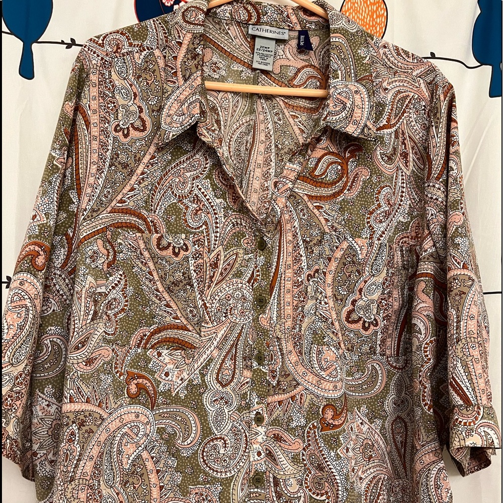 Olive green paisley button down blouse - Catherines 2X PETITE